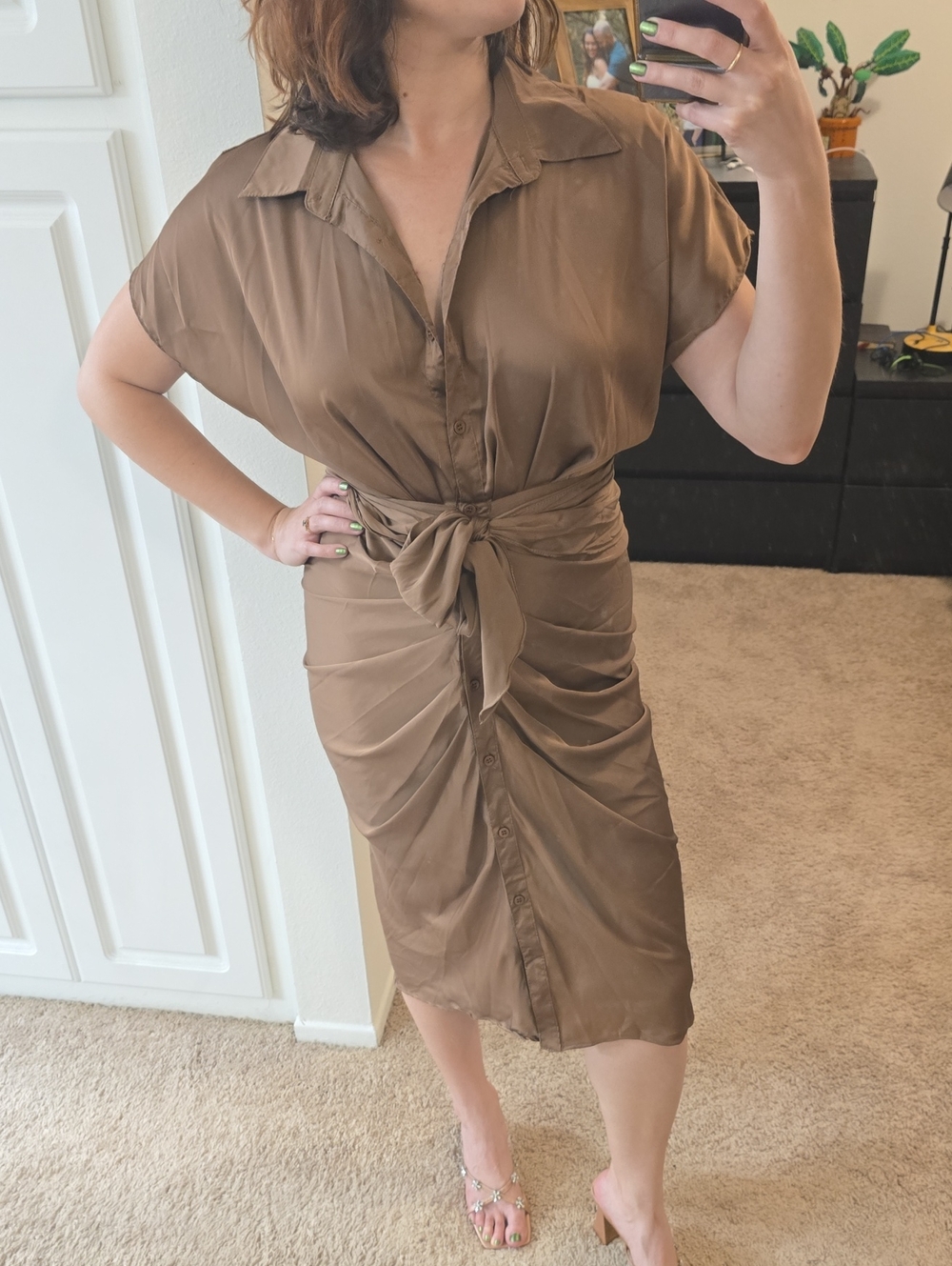 Brown Tie-Waist Midi Shirt Dress